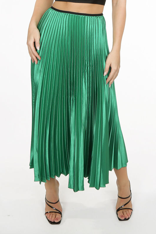 Rose and Green Satin Pleated Midi Skirt