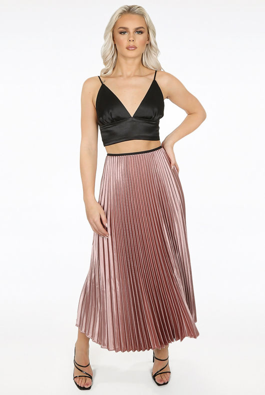 Rose and Green Satin Pleated Midi Skirt