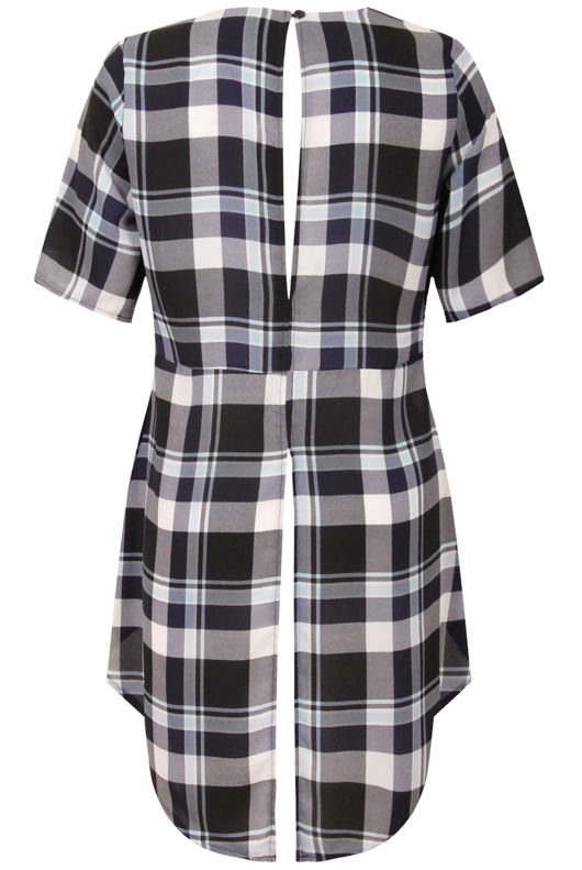 Navy Check Split Back Chiffon Top