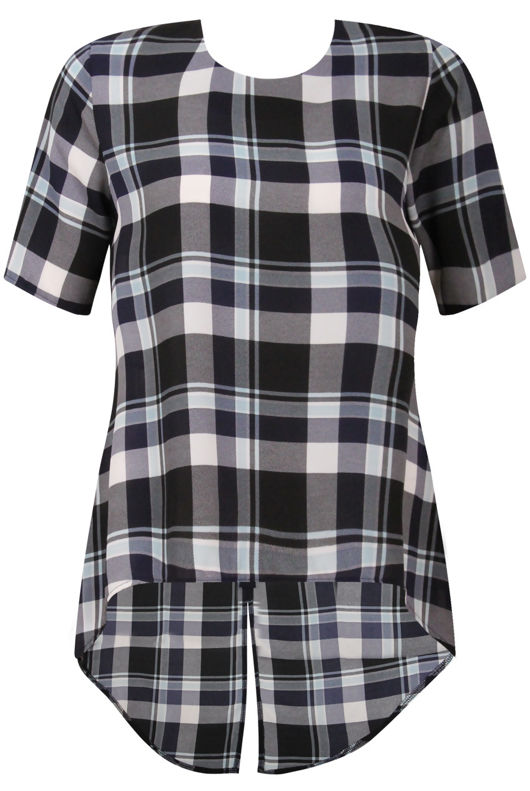 Navy Check Split Back Chiffon Top