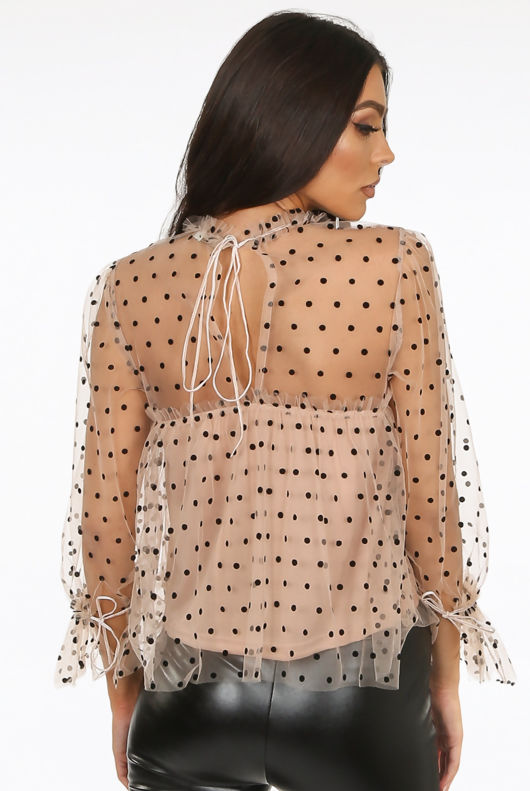 Taupe Polka Dot Mesh Sleeve Blouse