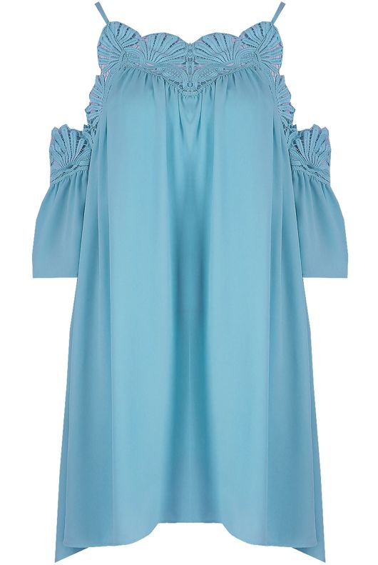 Sky Blue Embroidered Cut Out Shoulder Day Dress