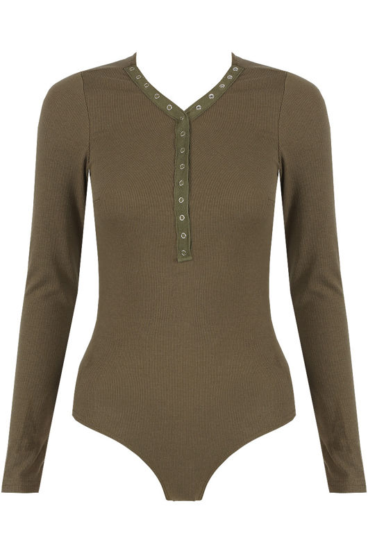 Khaki Push Up Button Trim Bodysuit