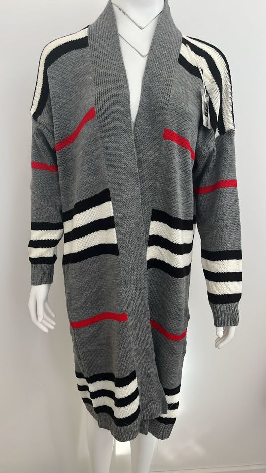 Grey Long Knitted Kaftan with Stripes