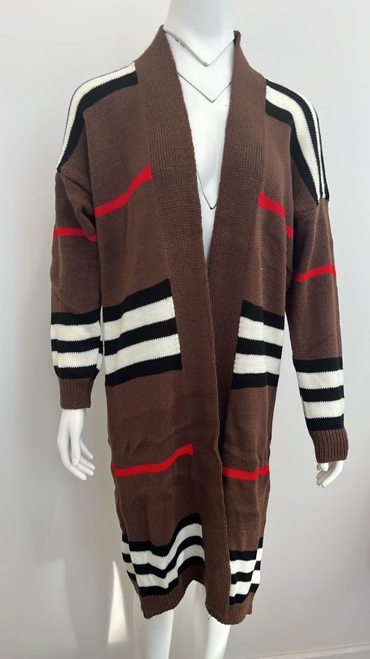 Brown Long Knitted Kaftan with Stripes
