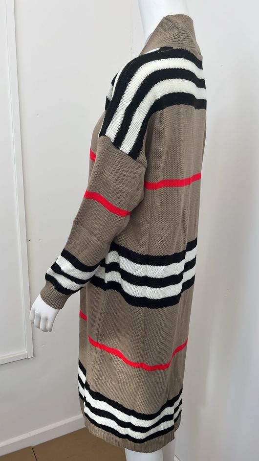 Taupe Long Knitted Kaftan with Stripes
