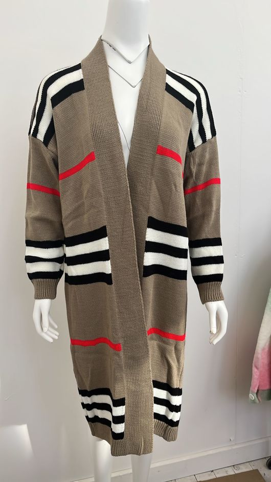 Taupe Long Knitted Kaftan with Stripes