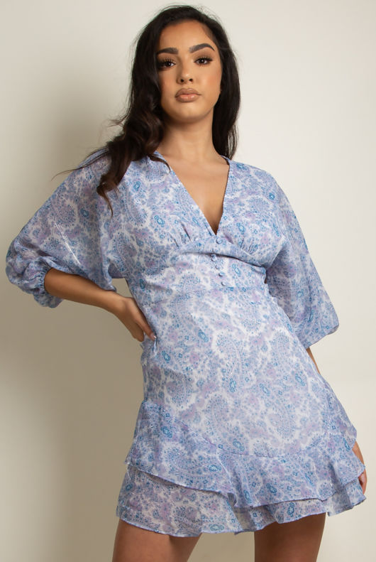 Blue Floral Print Button Trim V Neck Mini Dress