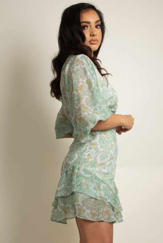 Green Floral Print Button Trim V Neck Mini Dress