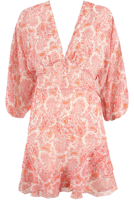 Orange Floral Print Button Trim V Neck Mini Dress