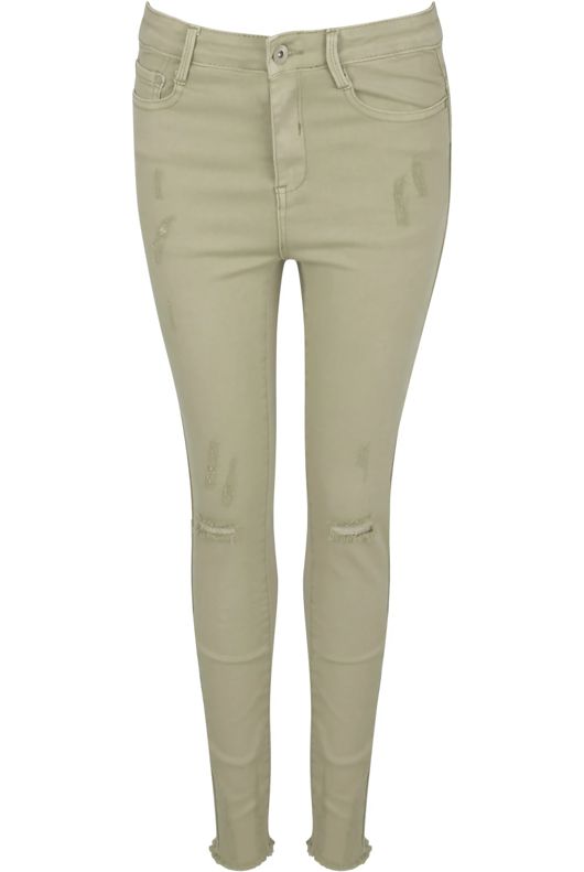 Light Khaki Knee Ripped High Waisted Skinny Jeans