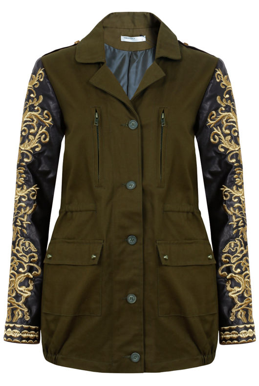 Khaki Jacket With Golden Embroidered PVC Arms