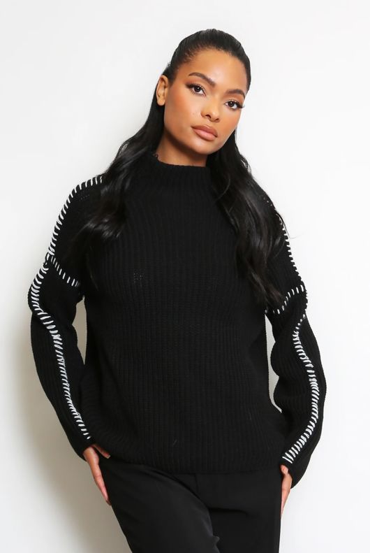 Black Contrast Stitch High Neck Jumper