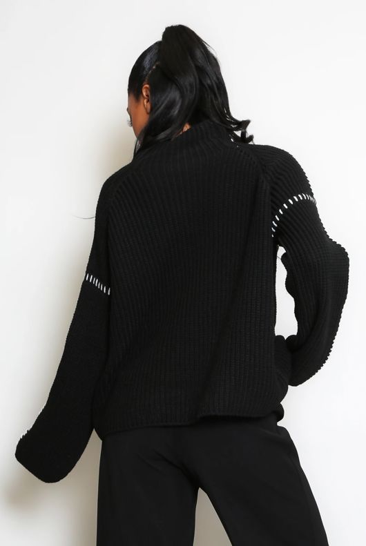 Black Contrast Stitch High Neck Jumper