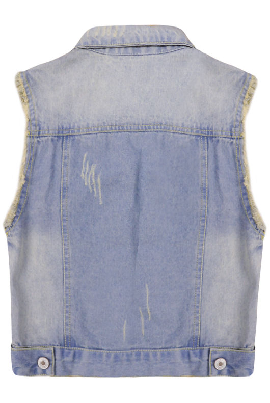 Blue Denim Waistcoat With Black Crosses & Frayed Detail