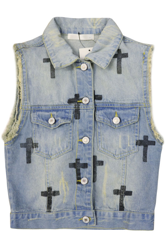 Blue Denim Waistcoat With Black Crosses & Frayed Detail