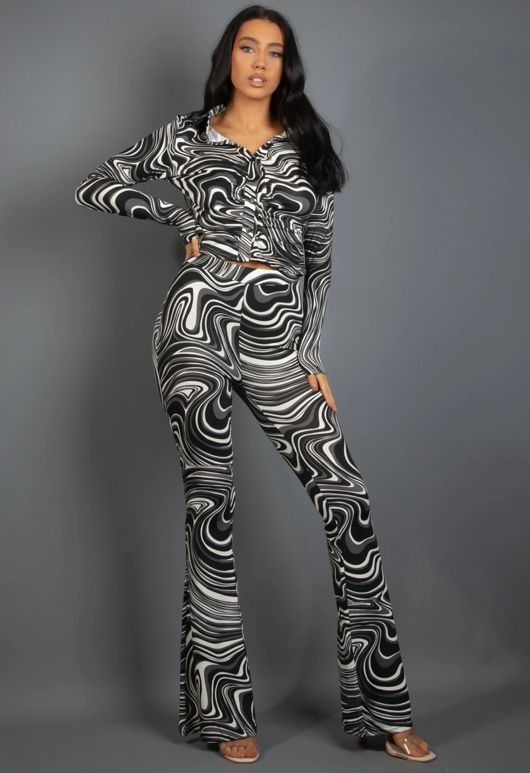 Black Marble Print Shirt & Flare Trouser Set