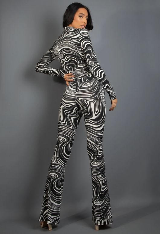 Black Marble Print Shirt & Flare Trouser Set