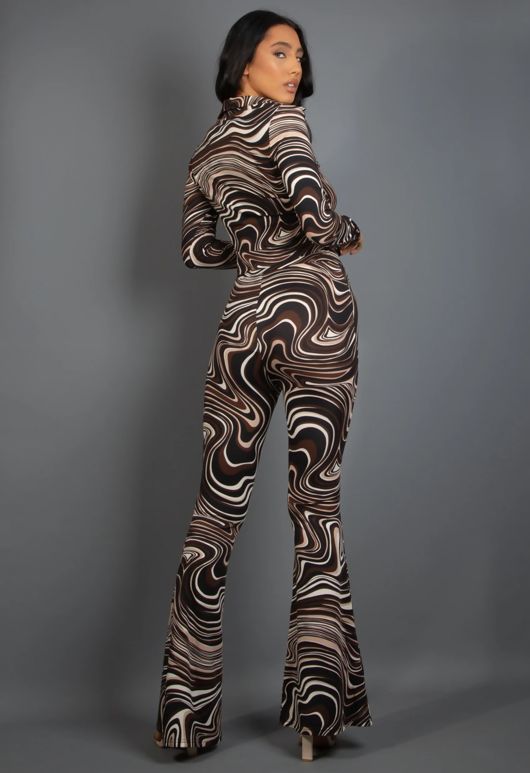 Brown Marble Print Shirt & Flare Trouser Set