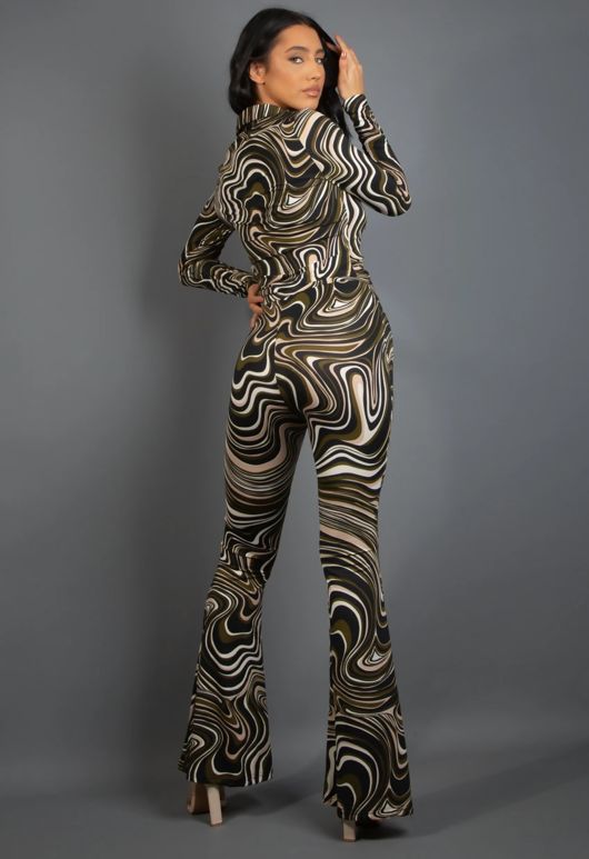 Khaki Marble Print Shirt & Flare Trouser Set