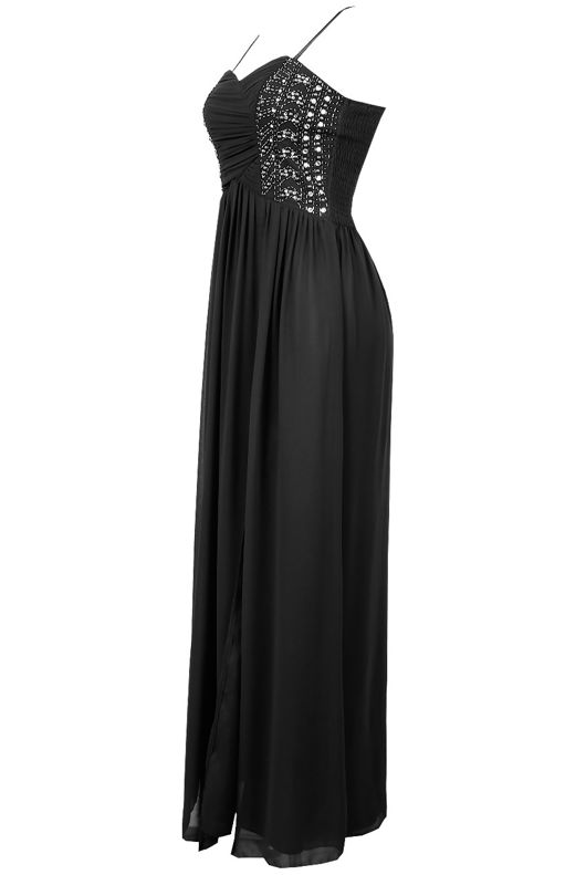 Black Diamante Stud Detailed Front Slit Maxi Dress