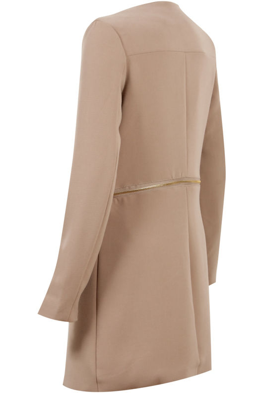 Beige Zip Detail Long Double Pocket Coat