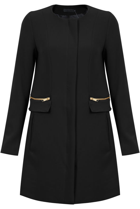 Black Zip Detail Long Double Pocket Coat