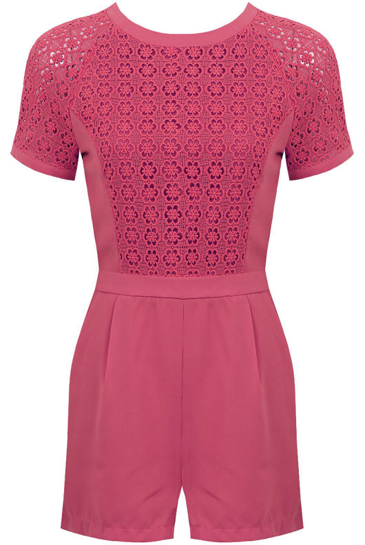 Fuschia Block Colour Knitted Flower Back Zip Up Playsuit