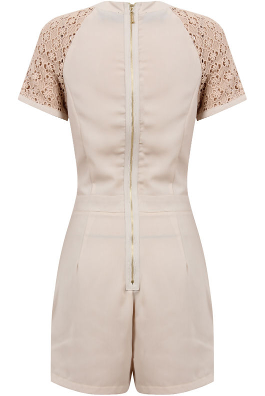 Beige Block Colour Knitted Flower Back Zip Up Playsuit