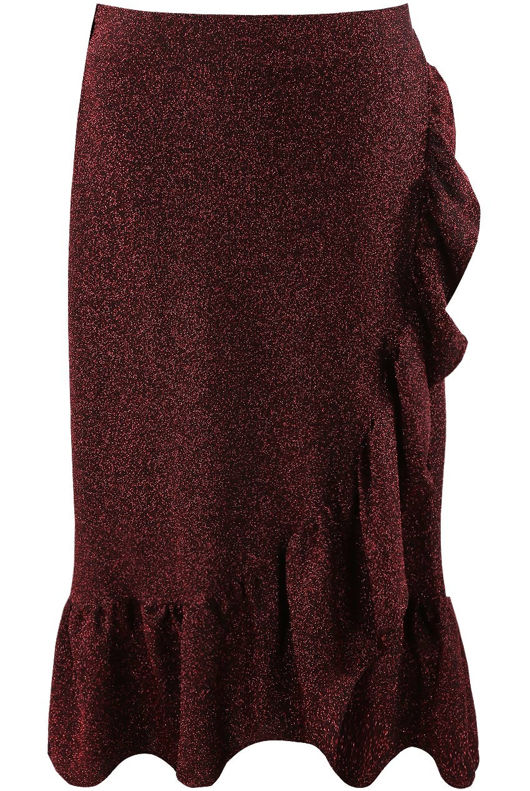 Wine Lurex Frill Trim Midi Skirt