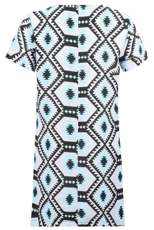 Cyan Symmetrical Diamond Print Shift Dress
