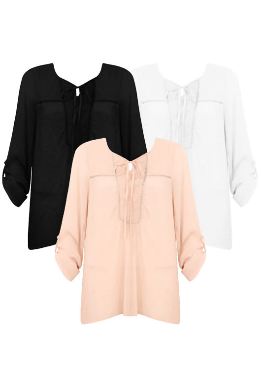 Cheesecloth Tie Neck Blouse - 3 Colours Pack
