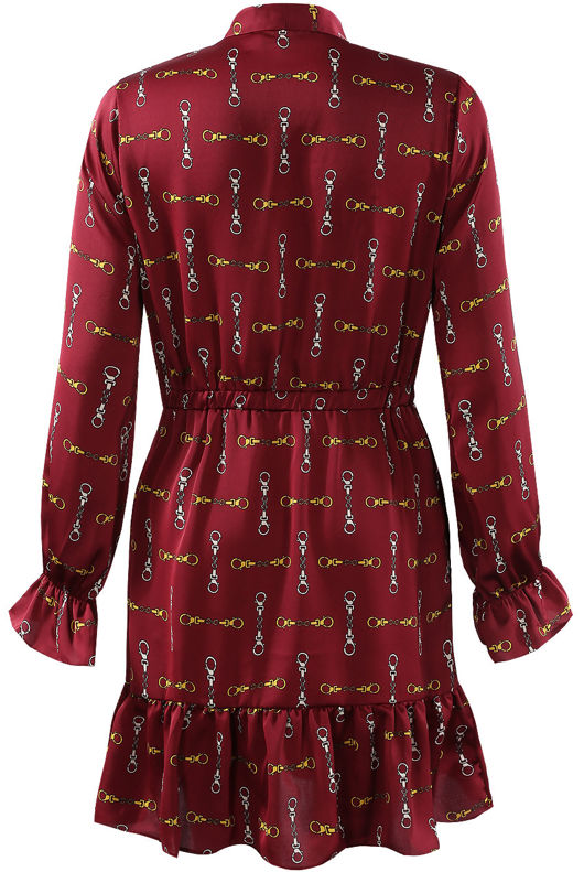 Wine Printed Frill Hem Shift Dress