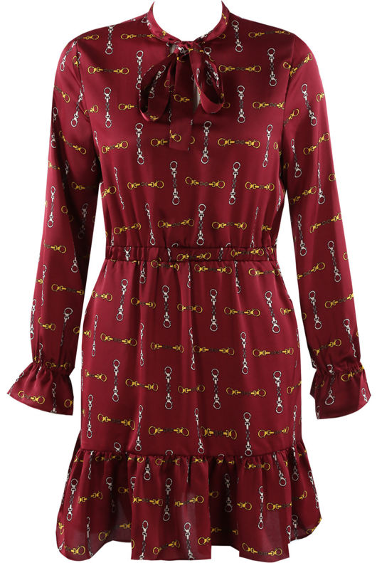 Wine Printed Frill Hem Shift Dress