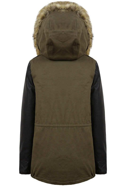 Khakhi Fur Hooded Parka Jacket With Long PVC Sleeves