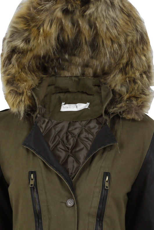 Khakhi Fur Hooded Parka Jacket With Long PVC Sleeves