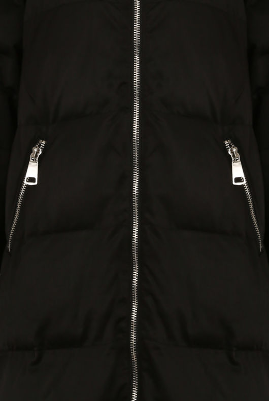 Black Quilted Long Puffer Coat with Fur Hood