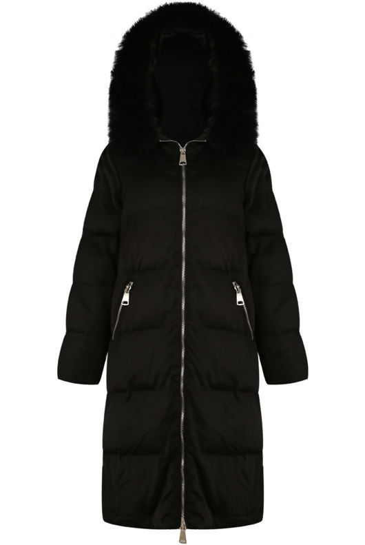 Black Quilted Long Puffer Coat with Fur Hood