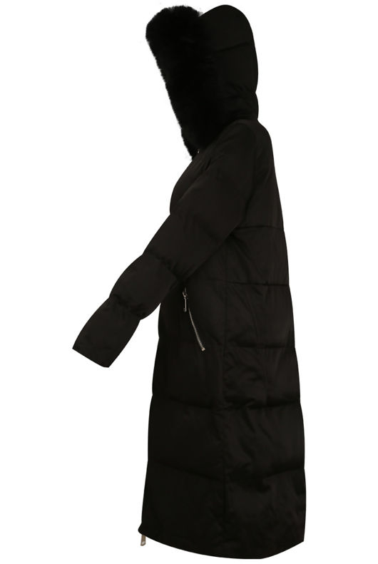 Black Quilted Long Puffer Coat with Fur Hood
