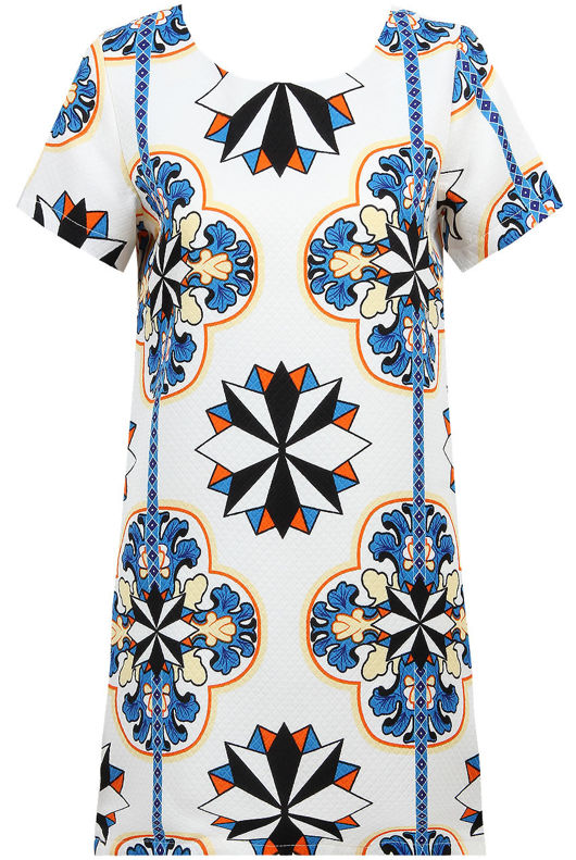 Cream & Blue Flower Print Back Zip Up Shift Dress