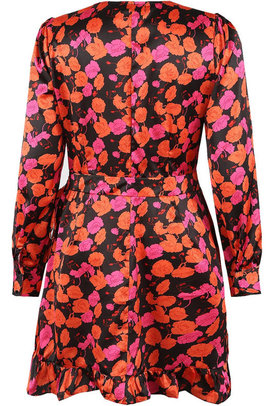 Orange Floral Print Wrap Dress