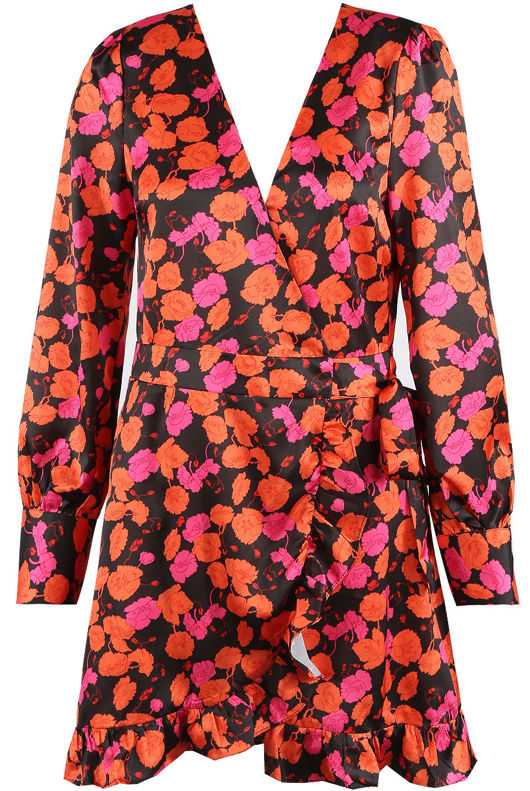 Orange Floral Print Wrap Dress
