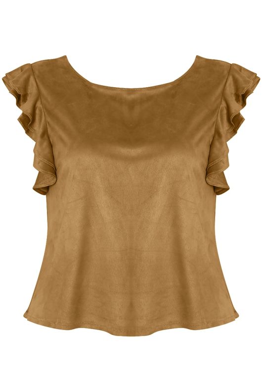Camel Suede Frilled Sleeve Top