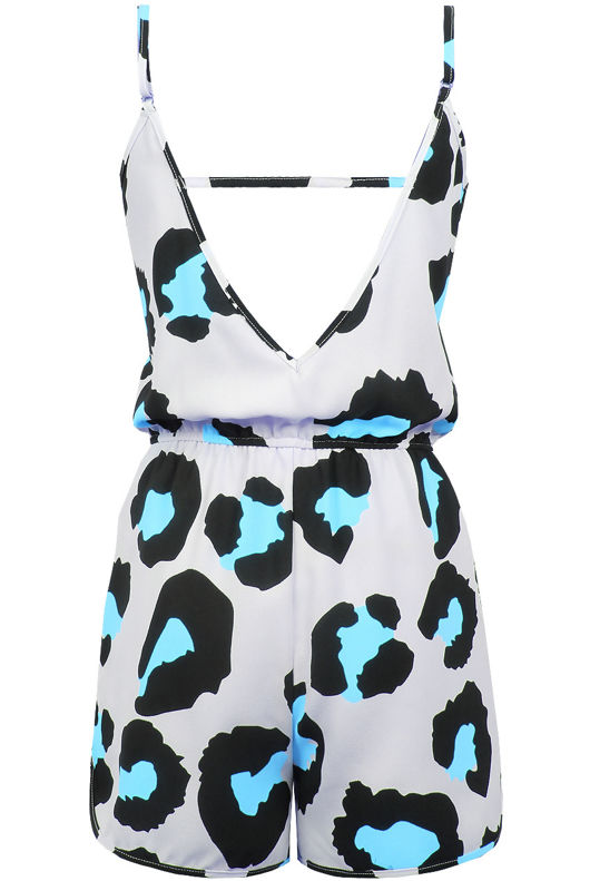Blue & Cream Animal Print Open Back Playsuit