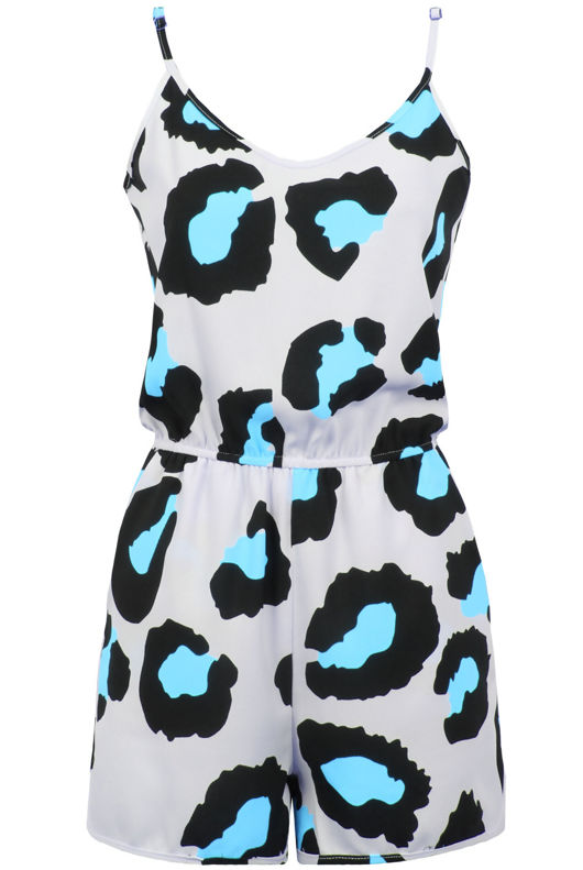 Blue & Cream Animal Print Open Back Playsuit