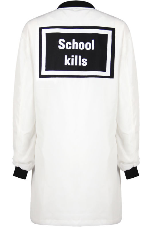 White Slogan Long Bomber Jacket