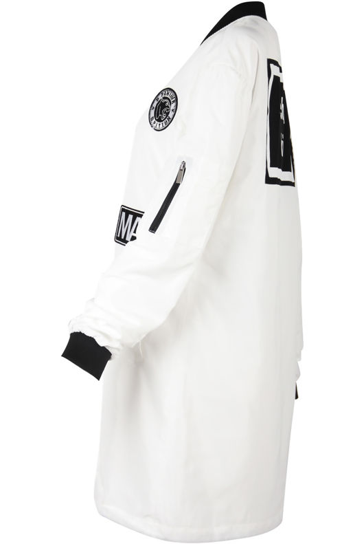 White Slogan Long Bomber Jacket