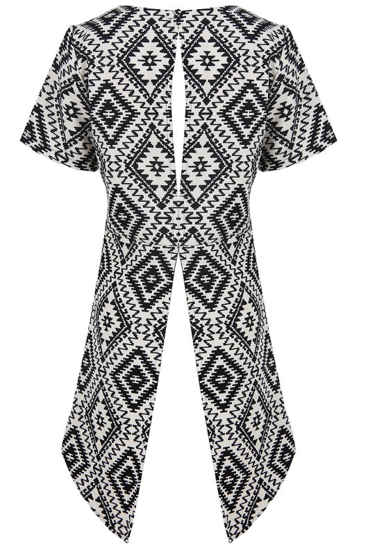 Monochrome Aztec Print Back Cut Out High Low Tops