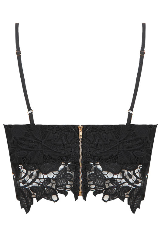 Black Floral Lace Detail Back Zip Up Top