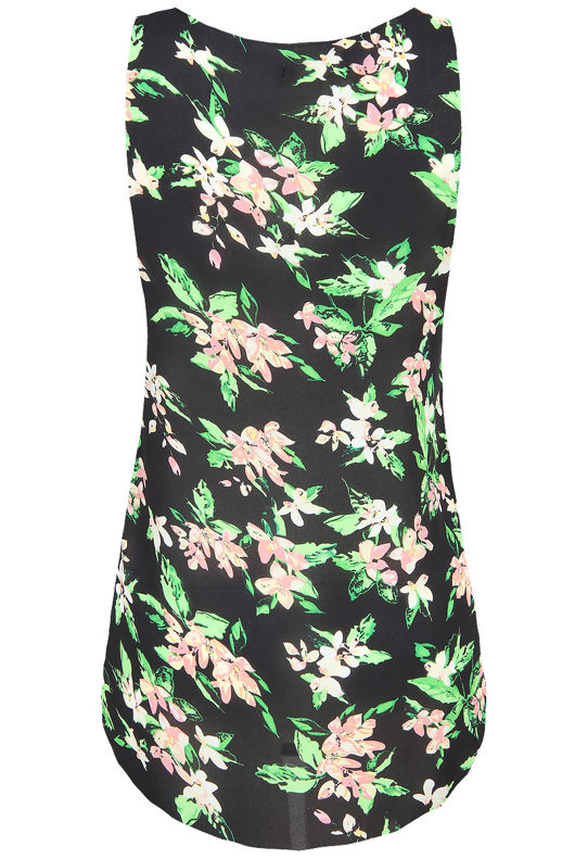 Black & Green Flower Print Sleeveless Tops